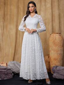 Vestido de Noiva Longo de Manga Longa e Ajuste Slim com Renda, Vestido Longo com Decote em V - Branco - Visão 3