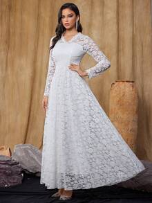 Vestido de Noiva Longo de Manga Longa e Ajuste Slim com Renda, Vestido Longo com Decote em V - Branco - Visão 4