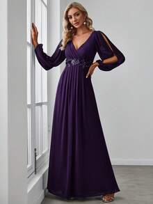 EVERPRETTY Váy phù dâu Maxi cổ chữ V tay đèn lồng thanh lịch mùa xuân cho nữ Váy trang trọng cho đám cưới - Màu tím - Xem 4