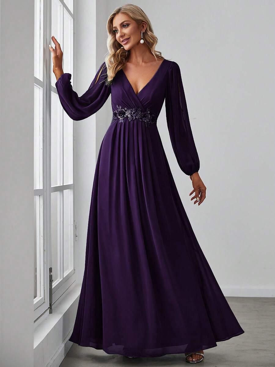 EVERPRETTY Váy phù dâu Maxi cổ chữ V tay đèn lồng thanh lịch mùa xuân cho nữ Váy trang trọng cho đám cưới - Màu tím - Xem 1