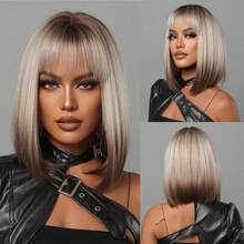 Pink Brown Ombre Black Short Straight Synthetic Wigs With Bangs Bob Wig For Women Daily Cosplay Party Heat Resistant Hair Wigs For Daily Use Cosplay, Party, Beginner Friendly 2024 Halloween Vacation Spring Summer Autumn All-Match Women's Wig - 彩色 - 查看 14