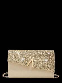 4件套女士水钻耳环、项链、手链及吊坠首饰套装，搭配优雅V形金属装饰手拿包，适合女士舞会、婚礼及派对等场合，可用作单肩包、钱包、手提包、婚包、晚宴包，多功能鸡尾酒会、婚礼新款钱包、宴会包 - 金色 - 查看 6