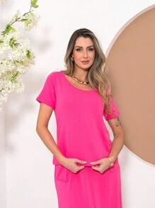 Sweatshirt Set Of Blouse With Slit Skirt C3015 - 西瓜粉 - 查看 4