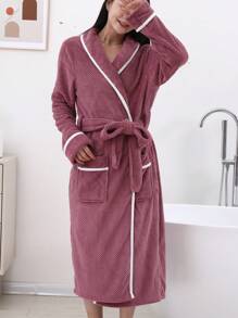 1pc Deep Purple Soft & Comfortable Bath Robe With Trimmed Edge, Extra Long Length Summer Wedding Home Bathroom Decor Back To School - Dark Purple Edging - View 1
