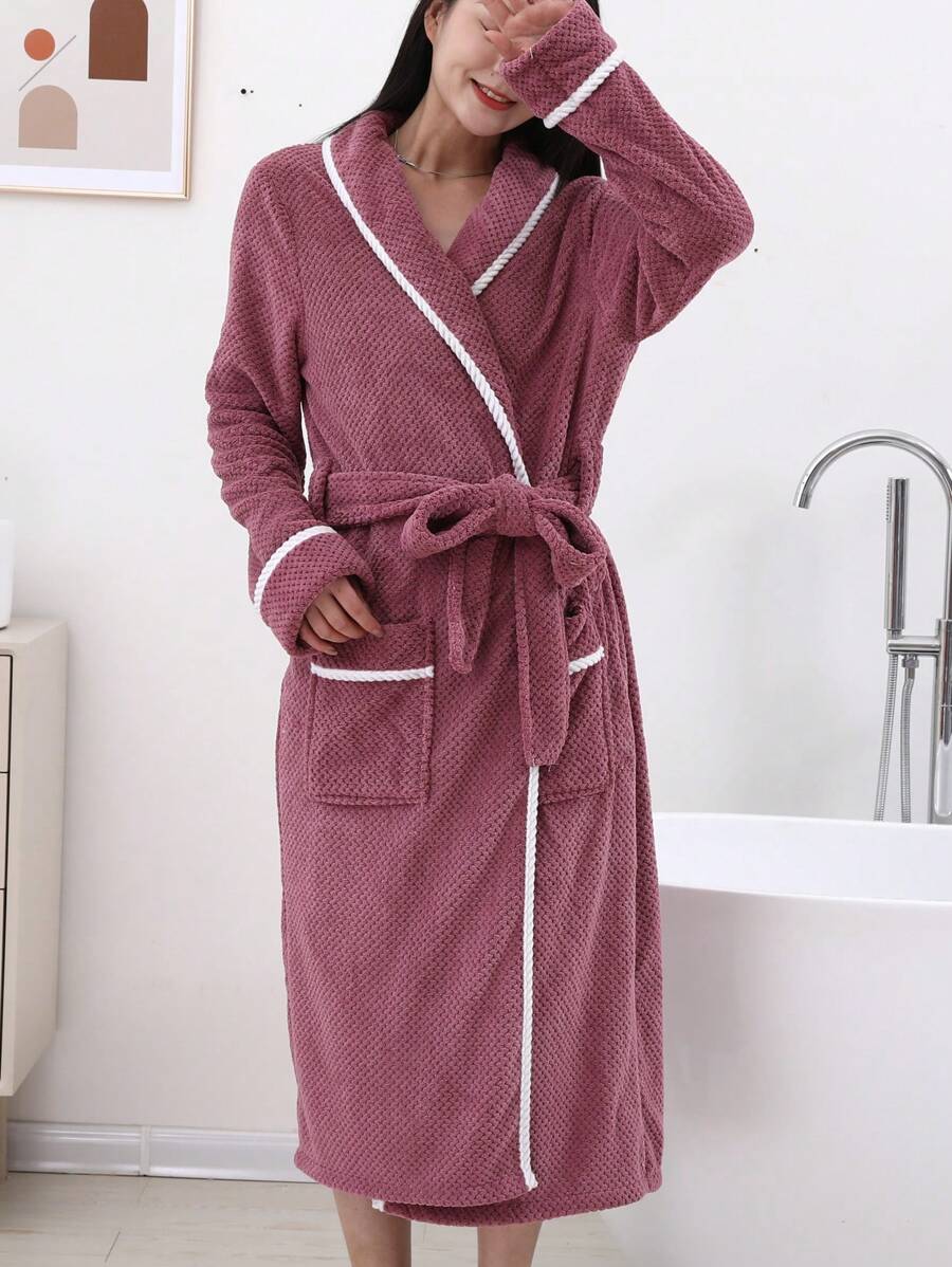 1pc Deep Purple Soft & Comfortable Bath Robe With Trimmed Edge, Extra Long Length Summer Wedding Home Bathroom Decor Back To School - Dark Purple Edging - View 1