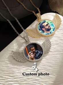 1pc Custom Photo Circular Necklace With Chain, Vintage Boho Style, Rhinestone Wing Frame Pendant, Personalized Photo Album Necklace Jewelry Gift