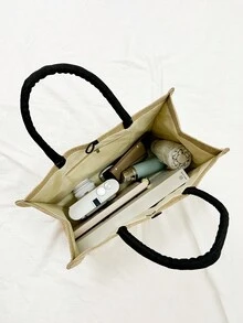 Nana 字母印花手提包，时尚粗麻布单肩包，带零钱包的购物袋，轻便的旅行沙滩包，宽敞的购物空间，非常适合日常使用，度假风格字母设计手提包和化妆包套装，是送给家人和朋友的最佳礼物。这款大包适合学生、返校和教师。 - 卡其色 - 查看 5