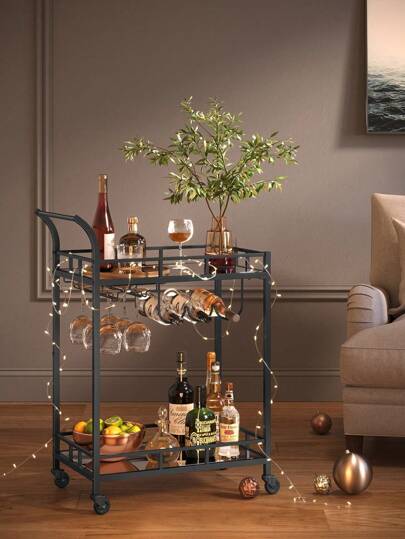 VASAGLE Drinks Trolley, Bar Cart, Serving Trolley With 2 Mirrored Shelves, Wine Holders, Glass Holders, For Home Bar, Kitchen, Dining Room, Black