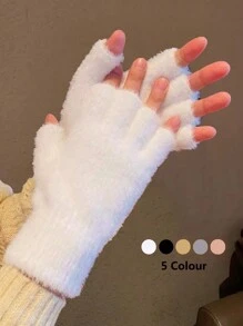 1 par de guantes sin dedos mullidos de unicolor para mujer, calentadores de muñeca de punto, adecuados para el calor diario de invierno en deportes al aire libre