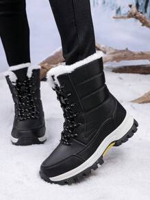 Nuevas botas altas de invierno para mujer con antideslizante, forrada para mantener el calor y que llegan hasta el tobillo. Botas de nieve impermeables. Botas de invierno cálidas para exteriores. Botas calientes con cordones negros para mujer. Botas de tobillo cortas para hombre. Botas de senderismo para deportes al aire libre. Botas de invierno para parejas para viajes. - Negro - Ver 2