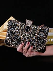 Borsa da sera da donna con ricamo floreale tempestato di strass neri e perline pregiate, stile di lusso discreto, design elegante e alla moda, borsetta piccola e versatile, adatta per occasioni serali e feste, può essere abbinata ad abiti da sera e da sposa, con tracolla, catena o manico, ideale per mostre, sfilate di moda, con decorazioni in strass e perle sintetiche di stile vintage e di lusso