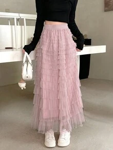 High-Waist A-Line Tulle Cake Skirt, Stylish & Graceful Mid-Length Cute Fairy Skirt - Dusty Pink - View 2