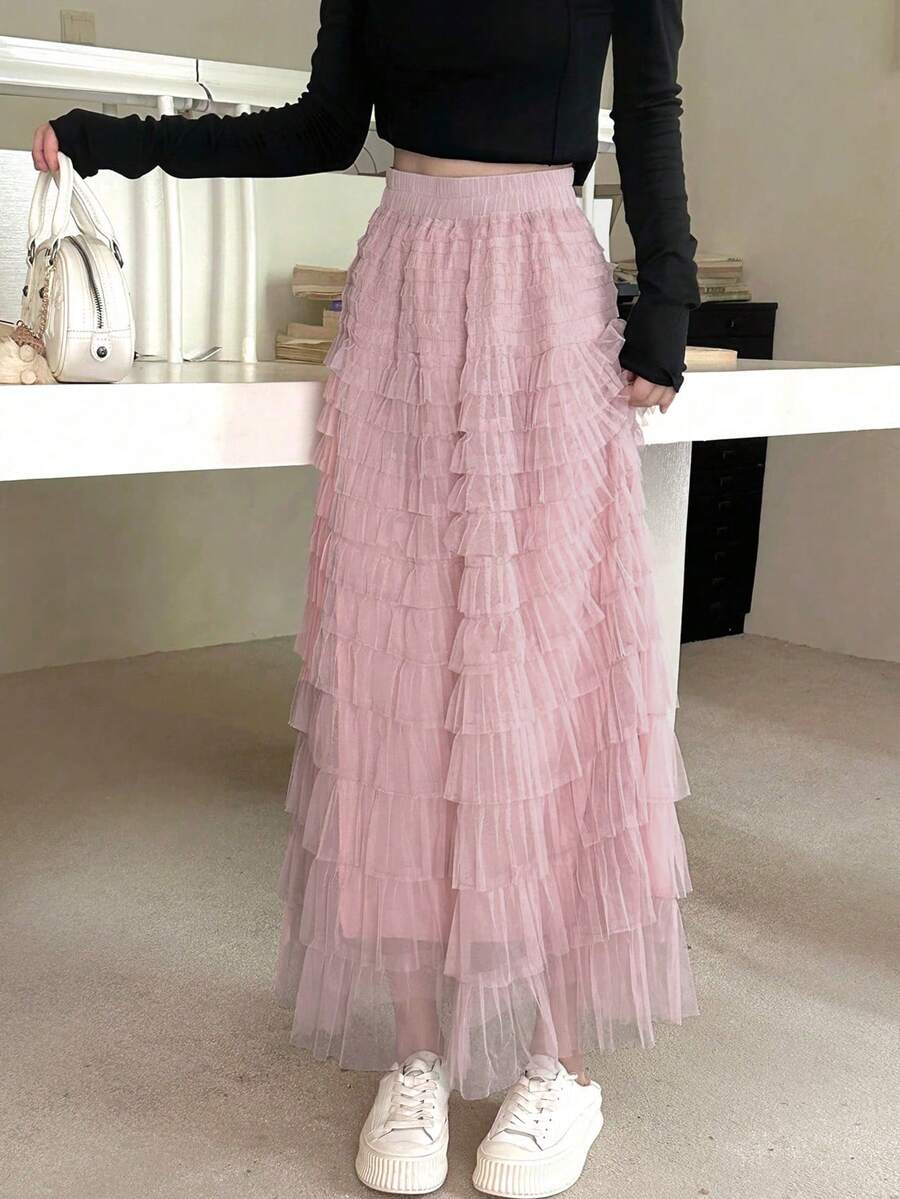 High-Waist A-Line Tulle Cake Skirt, Stylish & Graceful Mid-Length Cute Fairy Skirt - Dusty Pink - View 1