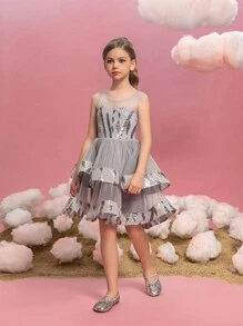 Tween Girls Sleeveless Layered Ruffled Glitter Splicing Mesh Party Dress - Grey - View 6