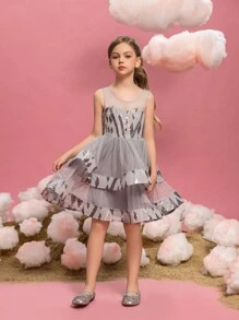 Tween Girls Sleeveless Layered Ruffled Glitter Splicing Mesh Party Dress - Grey - View 4
