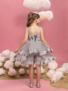 Tween Girls Sleeveless Layered Ruffled Glitter Splicing Mesh Party Dress - Grey - View 3