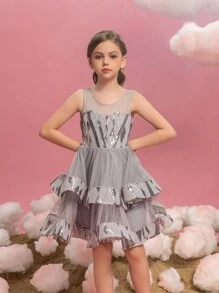 Tween Girls Sleeveless Layered Ruffled Glitter Splicing Mesh Party Dress - Grey - View 7