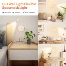 Luz de pared LED, lámpara de cuello de cisne flexible, lámpara de lectura de cabecera con interruptor, puerto de carga USB, luz de ambiente (luz cálida 3W + luz cálida 9W) blanco