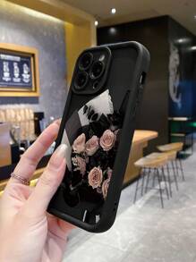 1pc Vintage Rose Flower Pattern Anti-Fingerprint Black Sandblasted Phone Case Compatible With Apple/Samsung//Redmi/Infinix/Vivo