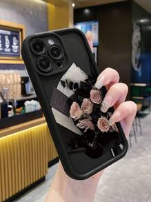 1pc Vintage Rose Flower Pattern Anti-Fingerprint Black Sandblasted Phone Case Compatible With Apple/Samsung//Redmi/Infinix/Vivo