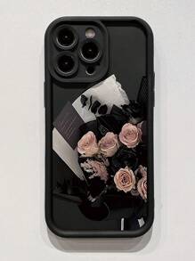 1pc Vintage Rose Flower Pattern Anti-Fingerprint Black Sandblasted Phone Case Compatible With Apple/Samsung//Redmi/Infinix/Vivo