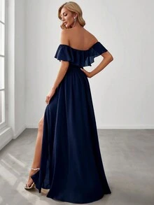 EVERPRETTY Off Shoulder Ruffles Sleeve Side Split A-Line Chiffon Navy Blue Bridesmaid Dress Wedding Guest Dress For Wedding Vacation Graduation