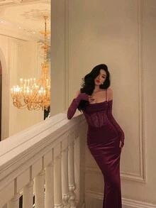Elisanya 性感吊带丝绒撞色蕾丝高弹半透明晚礼服 - 酒紅色 - 查看 7