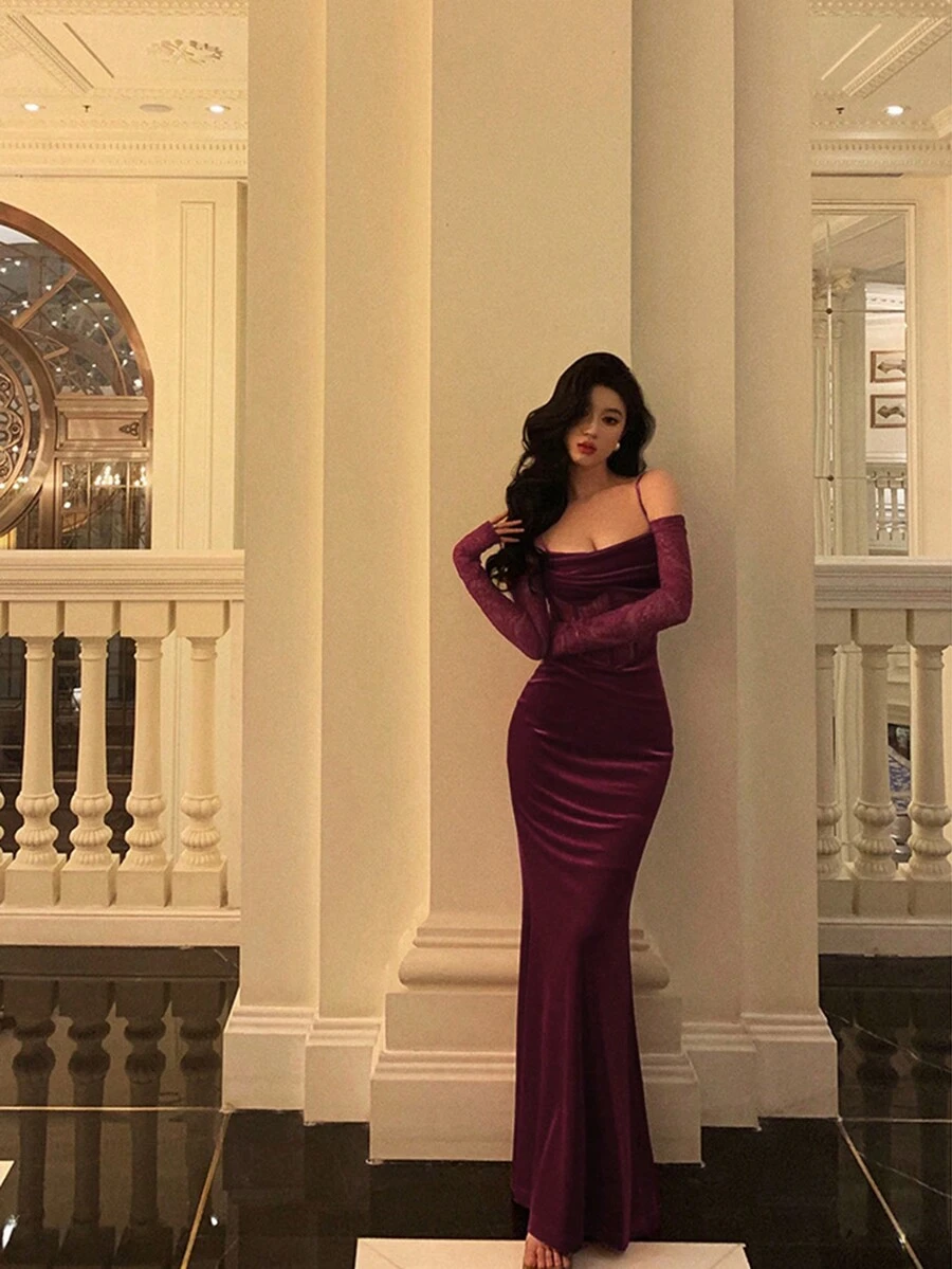 Elisanya 性感吊带丝绒撞色蕾丝高弹半透明晚礼服 - 酒紅色 - 查看 1
