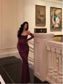 Elisanya 性感吊带丝绒撞色蕾丝高弹半透明晚礼服 - 酒紅色 - 查看 6