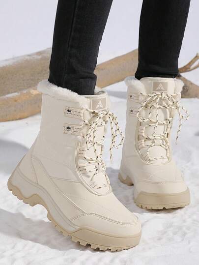 Women's Winter Snow Boots Fashion Mid-Calf Outdoor Sports Lace-Up Non-Slip Warm Hiking Boots With Thermal Lined