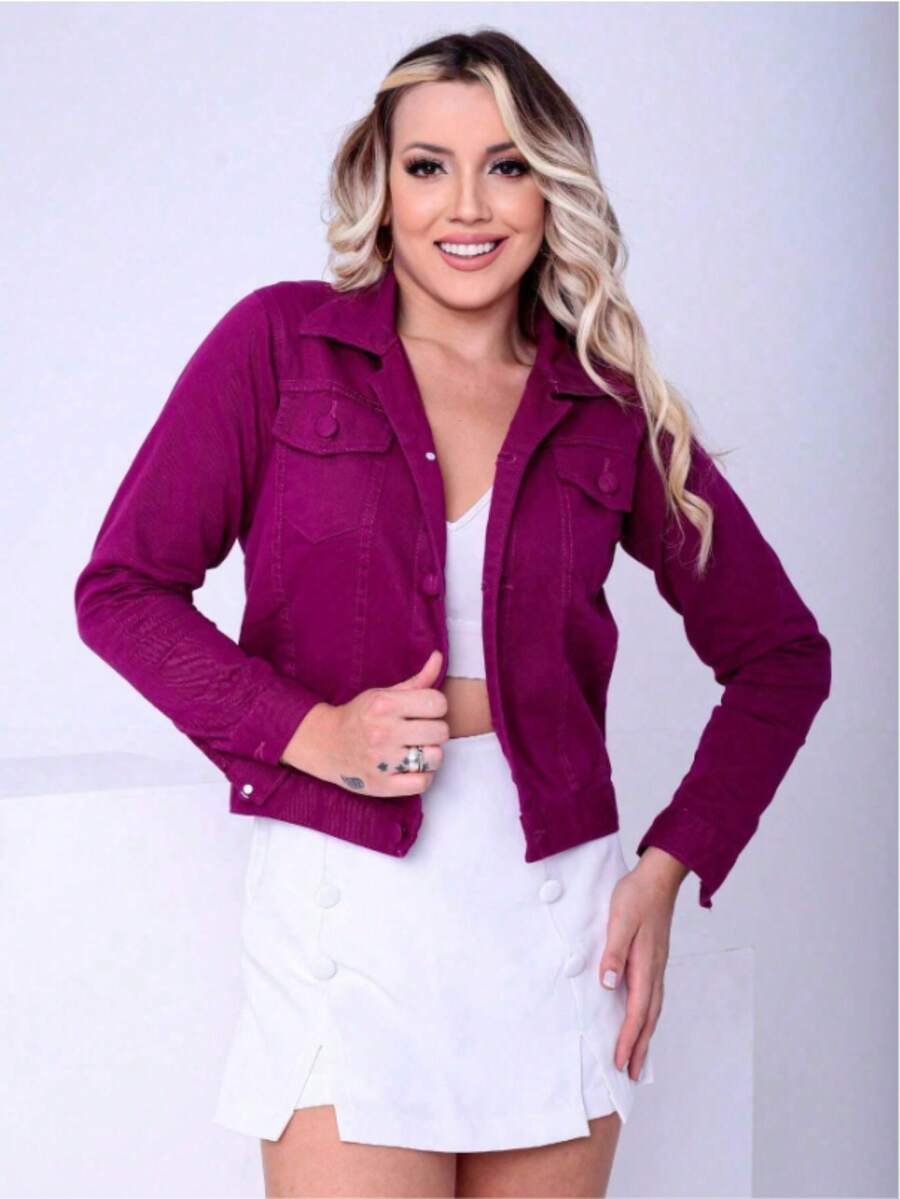 Women's Cotton Denim Jacket In Various Colors - Màu Hoa hồng đỏ - Xem 1