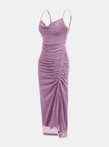 1pc Women Solid Color Ruched Drawstring Strap Sleeveless Party Dress, Wedding Guest Dress - Red Violet - View 2