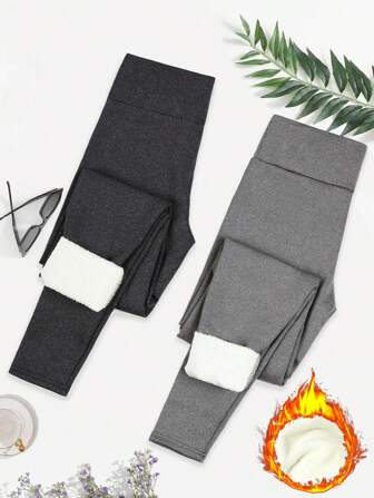 2Pcs/Set Thermal Lined Leggings, Casual High Waist Thermal Leggings, Outdoor Sports Winter Leggings Tights
