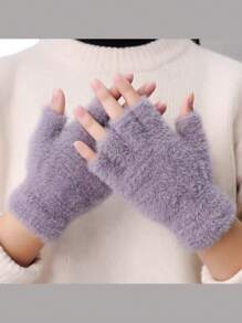 1 par de guantes sin dedos mullidos de unicolor para mujer, calentadores de muñeca de punto, adecuados para el calor diario de invierno en deportes al aire libre