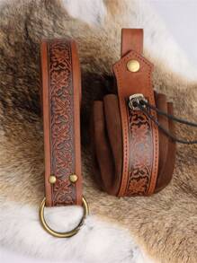 3pcs Medieval Embossed PU Leather Belt Set, Vintage Renaissance Viking LARP Belt With Pouch, Unisex Cosplay Costume Accessory - A - View 6