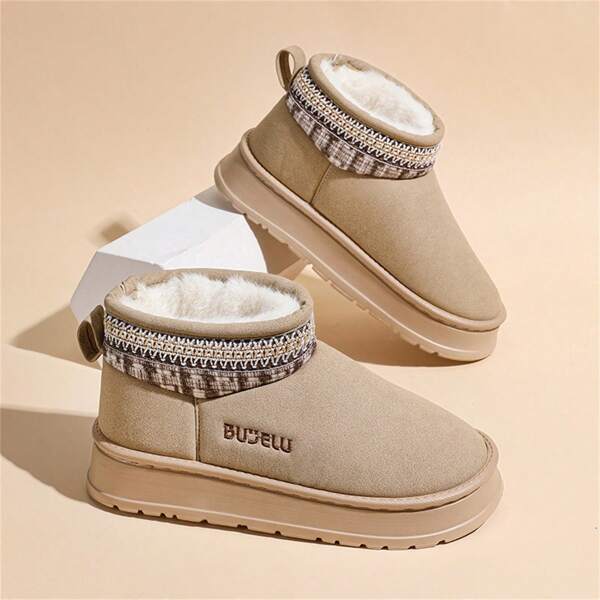 Bottes de neige femmes avec décoration brodée, style minimaliste, semelle épaisse. Doublure en fourrure chaude, confortable pour le porter à l'intérieur/extérieur en hiver