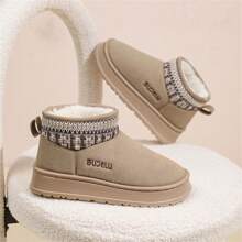 Bottes de neige femmes avec décoration brodée, style minimaliste, semelle épaisse. Doublure en fourrure chaude, confortable pour le porter à l'intérieur/extérieur en hiver