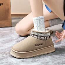 Bottes de neige femmes avec décoration brodée, style minimaliste, semelle épaisse. Doublure en fourrure chaude, confortable pour le porter à l'intérieur/extérieur en hiver