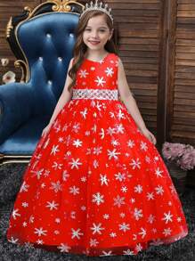 女孩公主长裙薄纱网眼泡泡袖舞会礼服，圣诞服装，红色，四季皆宜 - 紅色 - 查看 1
