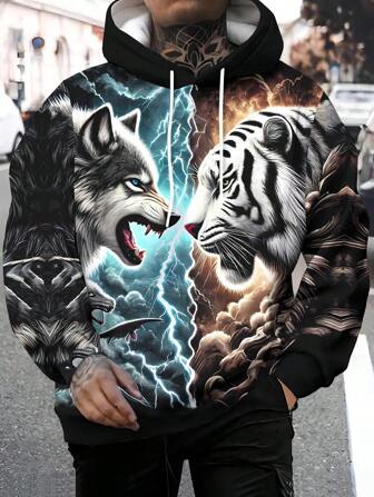 Sudadera con capucha con estampado gráfico de animales para hombres, jersey informal de manga larga para otoño