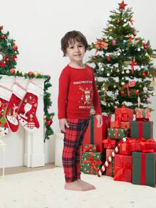 2 Peças Conjunto de Pijamas Ajustados de Natal Combinando com a Família, Parte Superior de Manga Longa e Calça Estampa Fofa de Rena, Roupa de Descanso Confortável