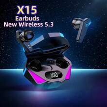 X15 Bluetooth Headset TWS LED Display kabellose Ohrhörer 5.3, kabellose Gaming Headsets mit Mikrofon, halb-offene Kopfhörer, geringe Latenz, Geräuschunterdrückung, Mediensteuerung, kompatibel mit Mobiltelefonen, wiederaufladbarer Lithium-Polymer Akku
