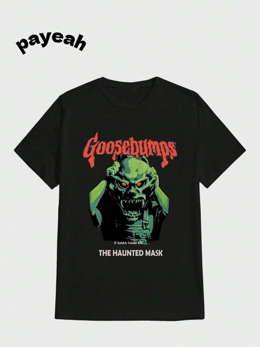 Payeah Haunted Mask T-Shirt Casual Digital Print Pure Heavy Cotton T Shirt - Black - View 1
