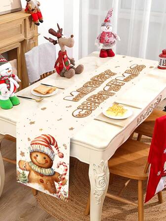 1pc Christmas Themed Table Runner, Featuring Cute Gingerbread Man With Candy Cane Pattern, Made Of Polyester Fabric, Suitable For Christmas Family Gathering Party Table Centerpiece Decoration, Christmas Party Atmosphere Decor
