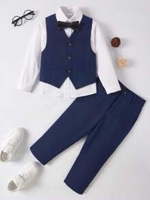 Boys Suits 4-Pieces Suit Set Toddler Tuxedos Dresswear Ring Bearer Outfit Wedding Vest Pants Shirts Tie Formal Suits For Kids Navy Blue Size 3-10Y