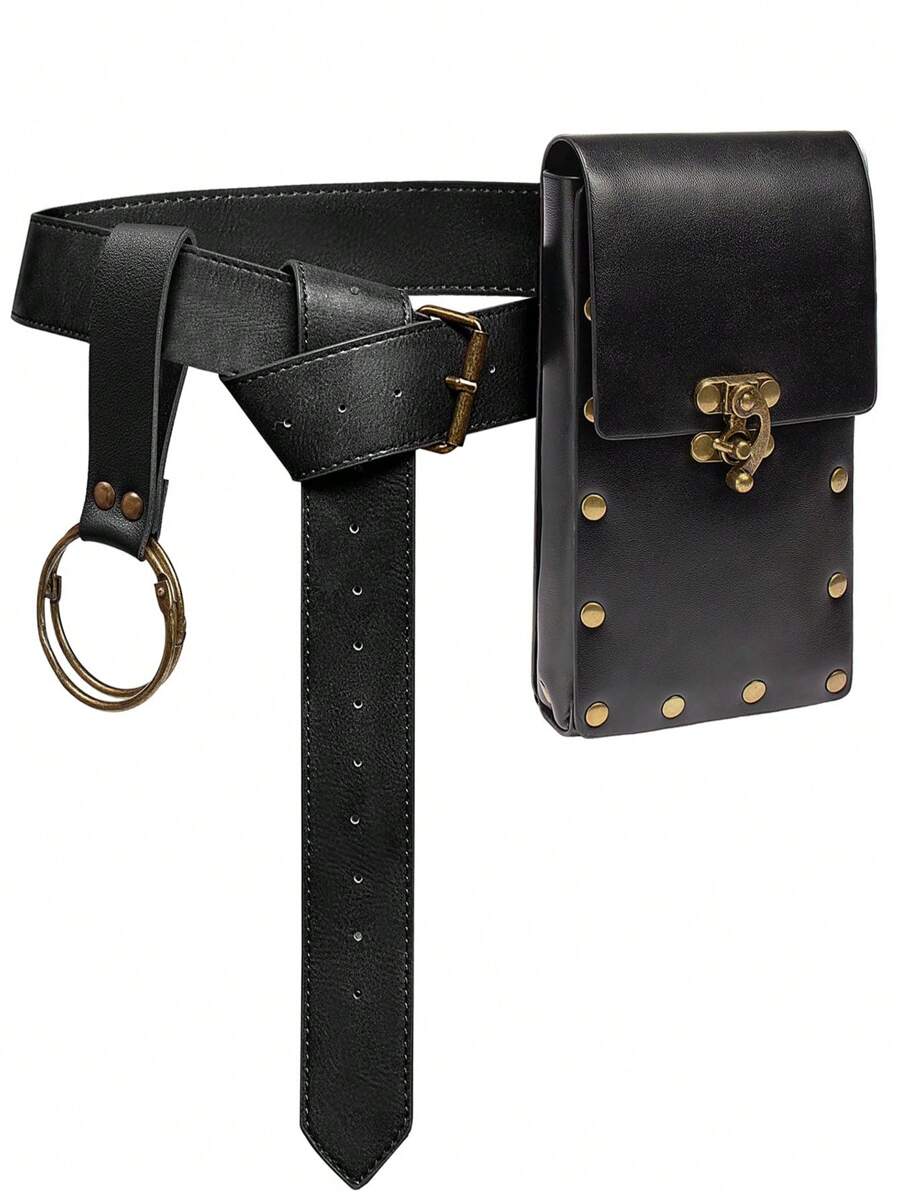 2pcs Steampunk Medieval Style Waist Bag, Viking Leather Phone Wallet, Steampunk Pirate Costume Travel Waist Bag, Suitable For Adult Halloween - A - View 1