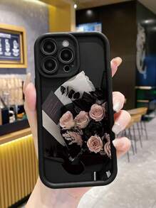 1pc Vintage Rose Flower Pattern Anti-Fingerprint Black Sandblasted Phone Case Compatible With Apple/Samsung//Redmi/Infinix/Vivo