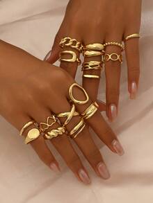 Bộ 16 chiếc nhẫn hình trái tim và xoắn ốc hình học bãi biển tối giản dành cho nữ - Vàng - Xem 4