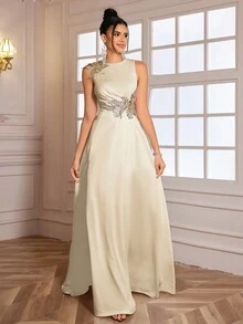 Elisanya Abito da sera elegante da donna con ricamo floreale e spacco alto, abito da cerimonia, adatto per invitati a matrimoni, lauree, cene, feste - Albicocca - Visualizzare 6