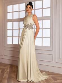 Elisanya Abito da sera elegante da donna con ricamo floreale e spacco alto, abito da cerimonia, adatto per invitati a matrimoni, lauree, cene, feste - Albicocca - Visualizzare 7